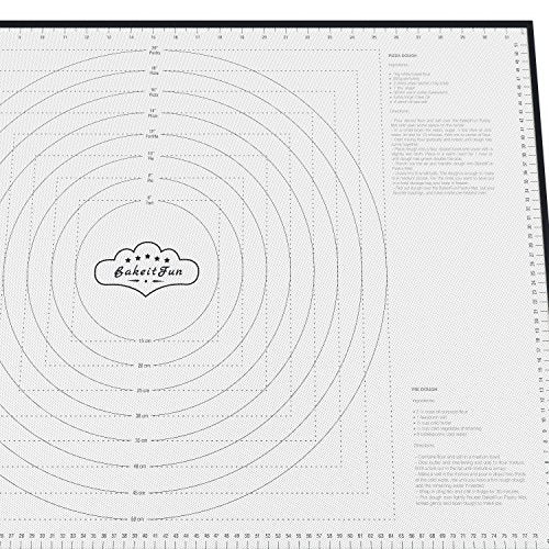 BakeitFun XX-Large Silicone Pastry Mat 33.5 x 22.5 in nonstick surface with inch and cm guides, concentric circles, conversion charts, BPA free, heat safe to 450°F, dishwasher safe