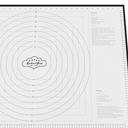 BakeitFun XX-Large Silicone Pastry Mat 33.5 x 22.5 in nonstick surface with inch and cm guides, concentric circles, conversion charts, BPA free, heat safe to 450°F, dishwasher safe