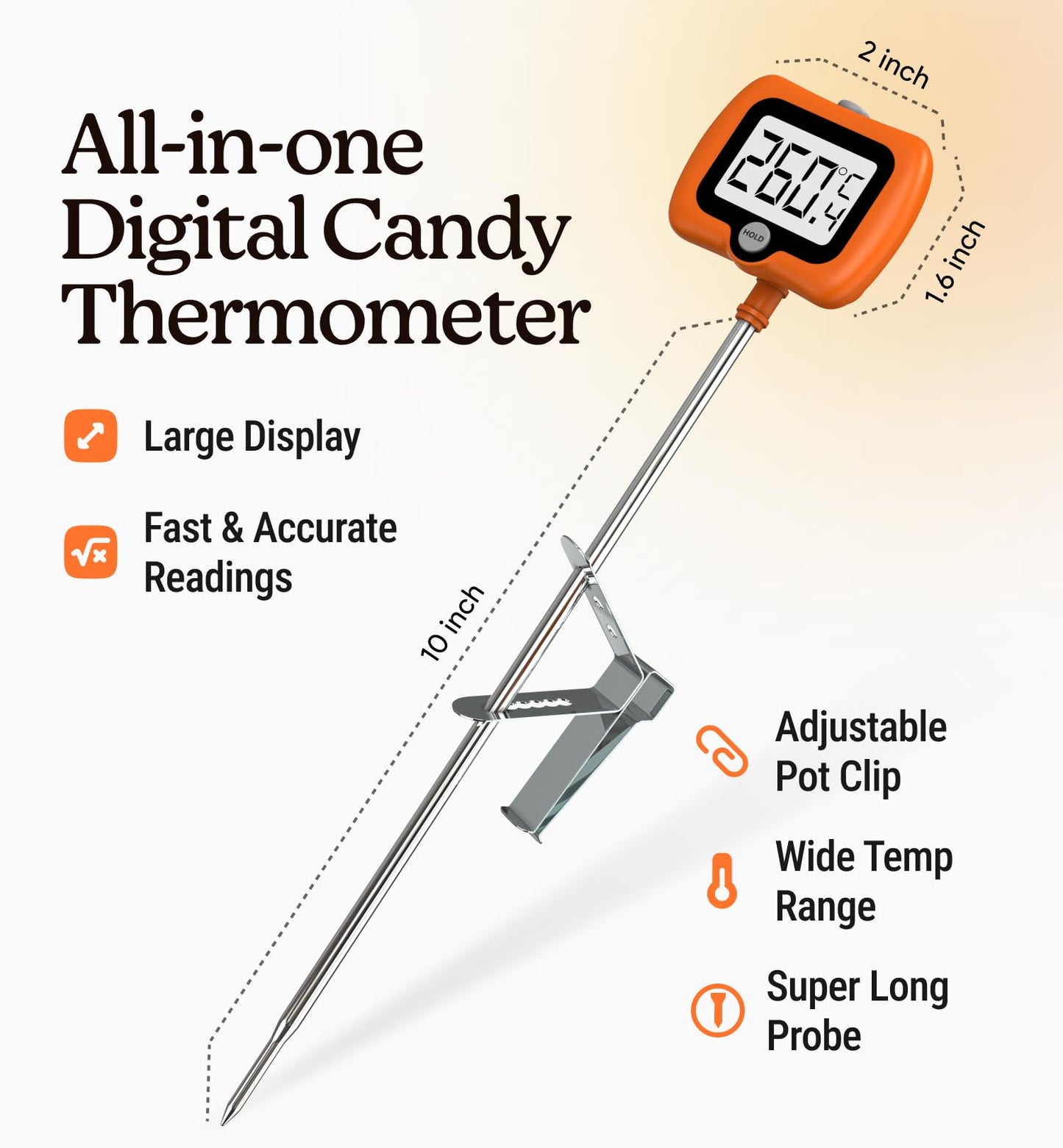 Digital Candy Thermometer with Pot Clip, Instant Read Kitchen Thermometer for Cooking, Baking, and Candy Making – 10" Stainless Steel Probe, LCD Display, Essential Baking Tool