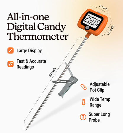 Digital Candy Thermometer with Pot Clip, Instant Read Kitchen Thermometer for Cooking, Baking, and Candy Making – 10" Stainless Steel Probe, LCD Display, Essential Baking Tool