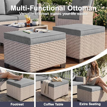 SnugVista Patio Furniture Set, 12-Piece Outdoor Sectional Sofa with Swivel Rocker Chairs & Ottomans, Wicker Patio Conversation Set with Coffee Table, Gray Cushions