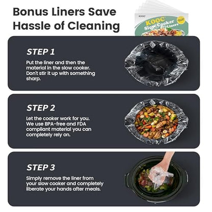 KOOC 4-Quart Slow Cooker, 3 Cooking Settings, Dishwasher Safe Ceramic Crock, Lid, Free Pot Liners Included, GREY, Ellipse Pot
