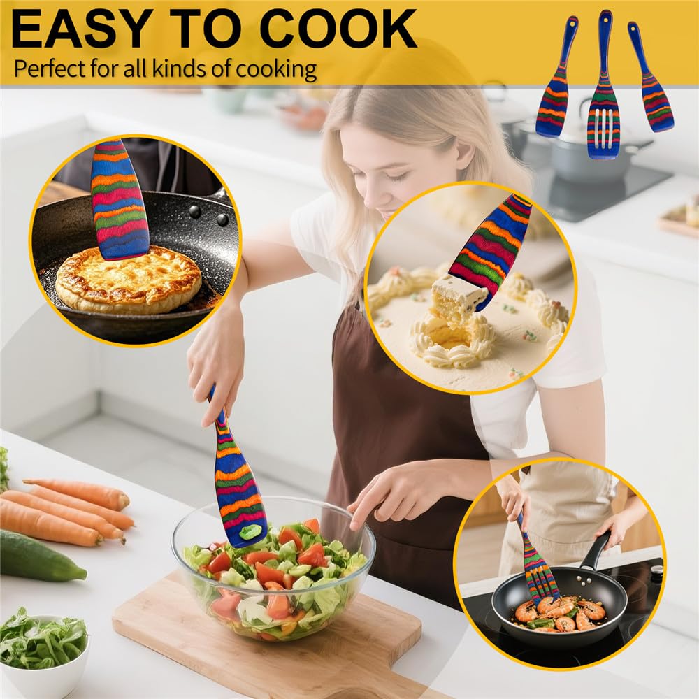 Wooden Spurtle Set, 3 Pcs Teak Wood Wooden Kitchen Utensil Set Includes Spatula(colorful wood）