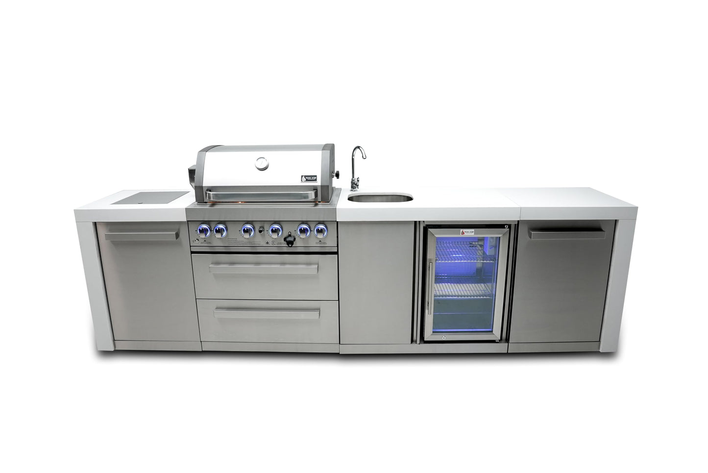 Mont Alpi MAi400-DBEV 32-inch 4 Burner 78000 BTU Deluxe Stainless Steel Modular Outdoor Kitchen Island Barbecue Grill with Beverage Center + Granite Countertops & Sides + Rotisserie and Grill Cover