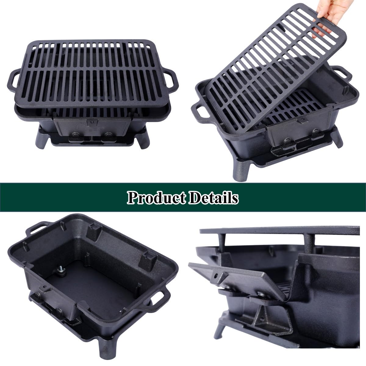 Cast Iron Hibachi Grill, Portable Charcoal Hibachi Grills, Compact Camping Charcoal Cooker for Tailgating, Picnics & Hunting (Rectangle)
