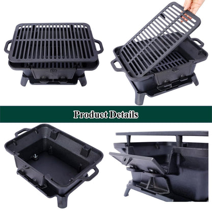 Cast Iron Hibachi Grill, Portable Charcoal Hibachi Grills, Compact Camping Charcoal Cooker for Tailgating, Picnics & Hunting (Rectangle)