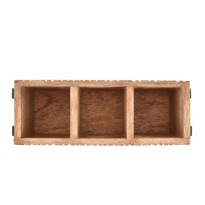 NIRMAN Mango Wood 3 Compartment Multi Purpose Utensil Cutlery Racks for Cutlery, Napkins, Cups Caddy Organizer (11" x 4" x 4.5")
