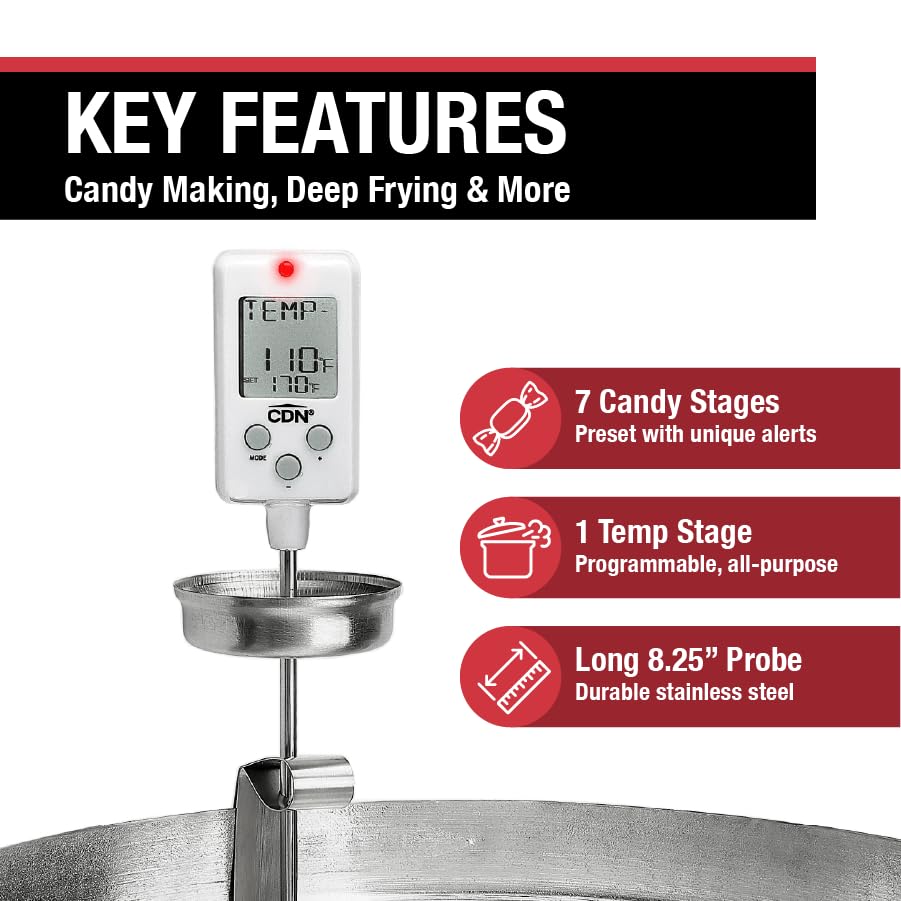CDN Digital Candy Thermometer Long 8'' Stainless Steel Stem, Adjustable Pot Clip, Preset Candy Stages with Audio/Visual Alerts, Instant Read For Cooking, Deep Frying & Oil - DTC450