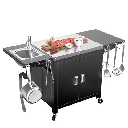 Grill Table with Sink, Outdoor Bar Cart Grill Station, Modular Outdoor Kitchen Island with 100-Gallon Storage Cabinet, 304 Stainless Steel Top, Pizza Oven Table for Lawn & Garden, L60” x W25”