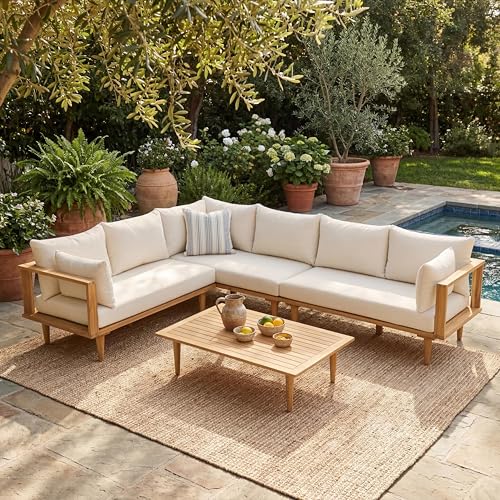 Merax 102" Outdoor Modular Sectional Sofa Set, 6 Seats L-Shaped Couch Wood Waterproof Fabric Patio Furniture Set with Coffee Table, Weather-Resistant Cushions for Backyard, Poolside, Natural+Beige