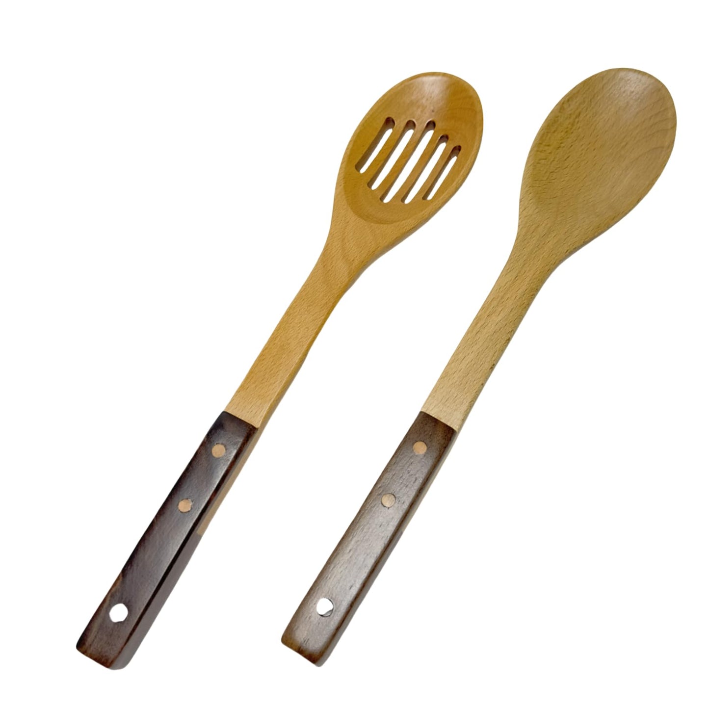 Walnut and Beech Wood Cooking Spoon Set Solid Slotted Kitchen Spoon 13in Long Utensils for Mixing Serving Stirring Frying Draining Large Spoon Set 2PCS