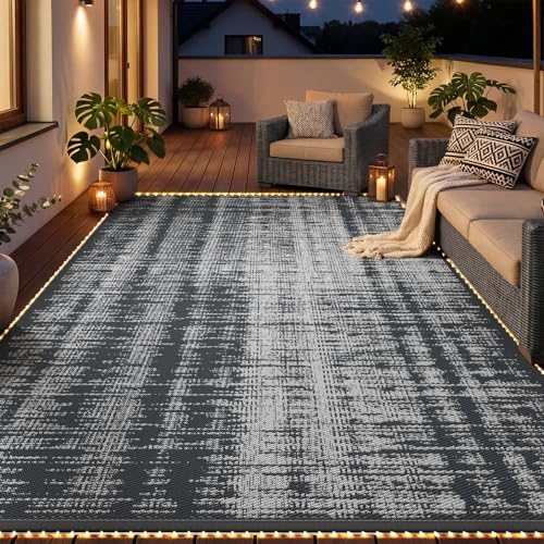 MontVoo Outdoor Rug Waterproof 9x12 ft with Strip Lights Outdoor Patio Rug Mat Reversible Plastic Straw Rug Outside Outdoor Rug for RV Camping Picnic Balcony Backyard