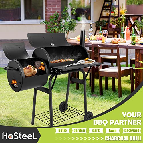 HaSteeL Outdoor Charcoal Grill with Cover, Large Barrel BBQ Grill with Offset Smoker, Great for Camping Patio Backyard Garden Party Picnic Beach, Large 420.SQ.IN Cooking Area, 2 Screwdrivers - Black