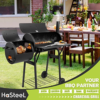 HaSteeL Outdoor Charcoal Grill with Cover, Large Barrel BBQ Grill with Offset Smoker, Great for Camping Patio Backyard Garden Party Picnic Beach, Large 420.SQ.IN Cooking Area, 2 Screwdrivers - Black