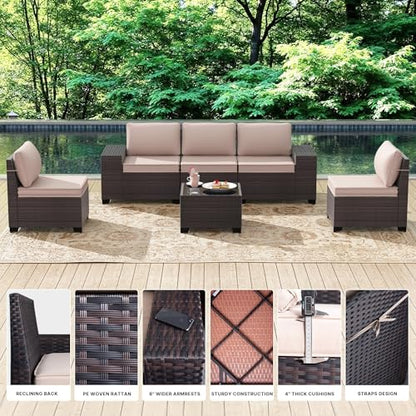 Gotland 7 Pieces Patio Furniture Set with 55000BTU Fire Pit Table, Wicker Patio Set with Wide Armrests 29.5'' High Backrest Thick Cushions 1 Coffee Table, Outdoor Furniture for Porch Deck Khaki