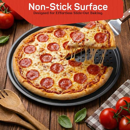 Non-Stick Pizza Pan 1 Pack, 13 Inch Round Carbon Steel Pizza Tray with Perforated Holes for Crispy Crust, PFOAPFOSPTFE Free, Dishwasher & Oven Safe Up To 450°F, Durable Nonstick Gray Coating