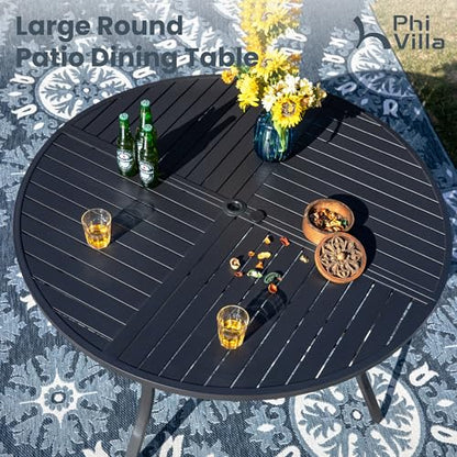 PHI VILLA 7 Pieces Outdoor Round Dining Set for 6, Wrought Iron Dining Table with Umbrella Hole & Stackable Metal Steel Chairs, Large Dining Furniture Set for Patio, Deck, Yard, Porch