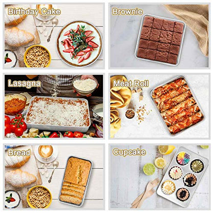 TeamFar Stainless Steel Bakeware Set, 13-Piece Metal Baking Roasting Pans with Lid, Rectangular/Square/Round/Lasagna/Loaf/Muffin Cake Pans, Non-Toxic & Sturdy, Smooth & Dishwasher Safe
