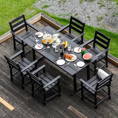 nalone 7-Piece Patio Dining Table Set, HDPE Outdoor Dining Sets with Table and 6 Chairs, Dining Furniture Set with Umbrella Hole (Black, 7 Pcs)
