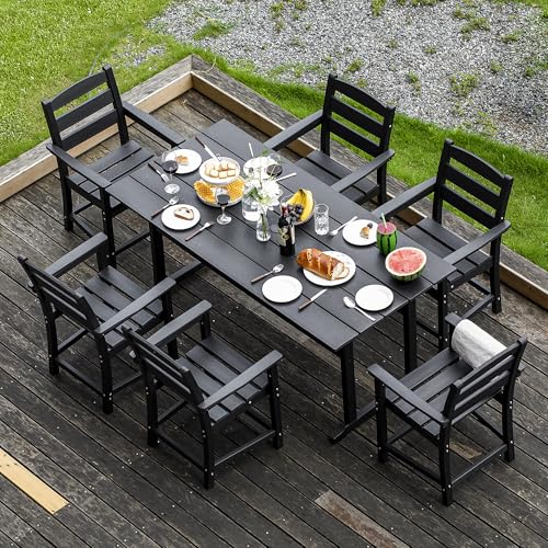 nalone 7-Piece Patio Dining Table Set, HDPE Outdoor Dining Sets with Table and 6 Chairs, Dining Furniture Set with Umbrella Hole (Black, 7 Pcs)