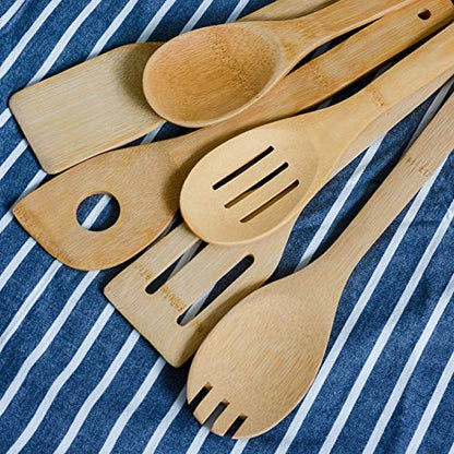 Bamboo Wooden Spoons & Spatulas Set - 6 Pieces Kitchen Cooking Utensils and 1 Holder, Heat Resistant for Non Stick Cookware