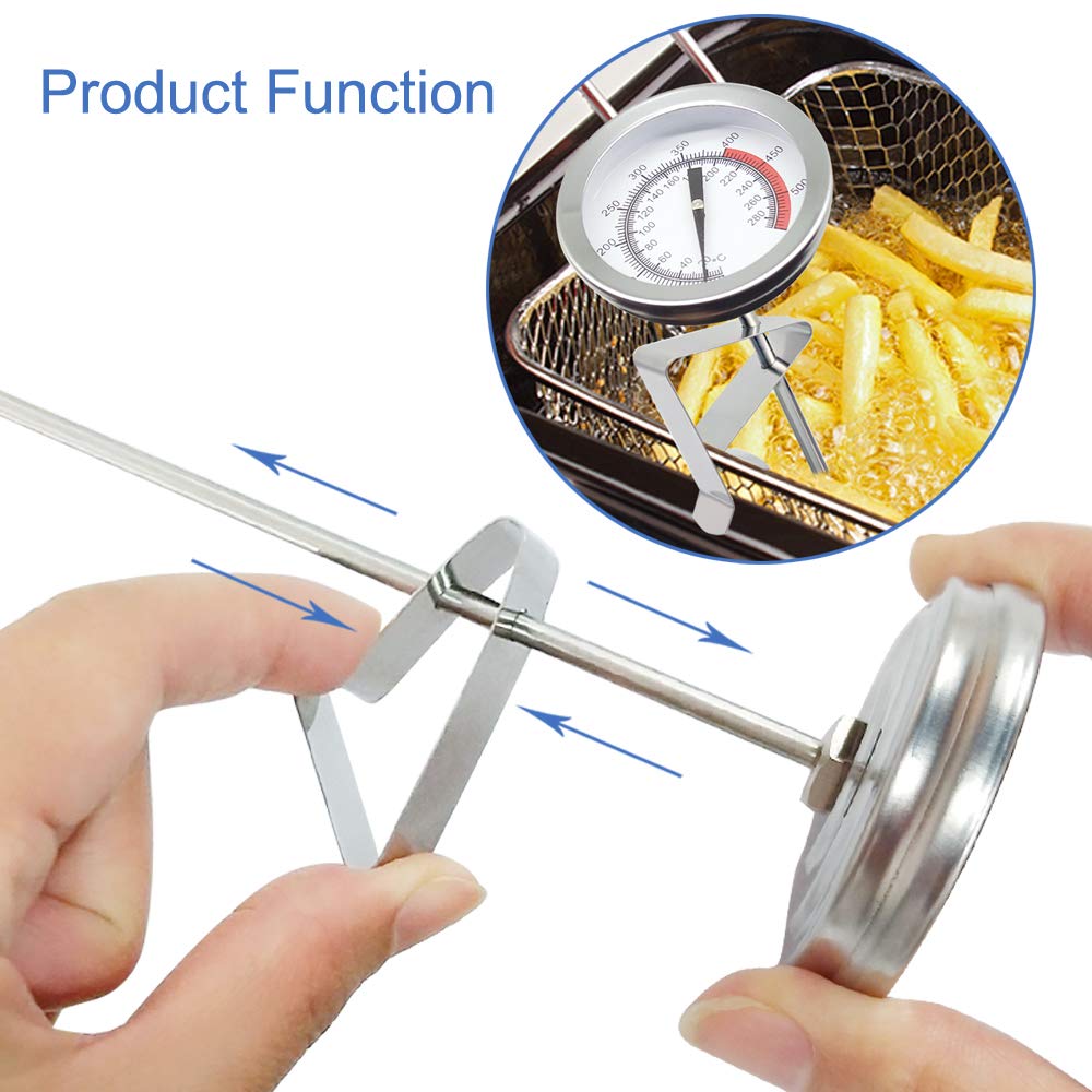 Deep Fryer/Candy/Turkey Thermometer with Clip&15 inch stem - Professional Kitchen Pot Fryer,Stainless Steel Fry Oil Thermometer for Frying,Candy and Meat Cooking