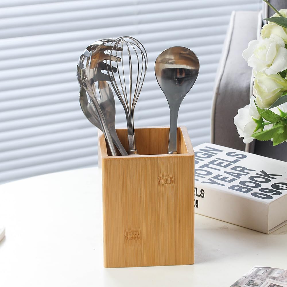 YOSCO Bamboo Utensil Holder,Utensil Holder for Kitchen Counter Convenient Countertop Organizer for Cooking Utensils,Wood Utensil Holder for Home Decor (6 INCH)