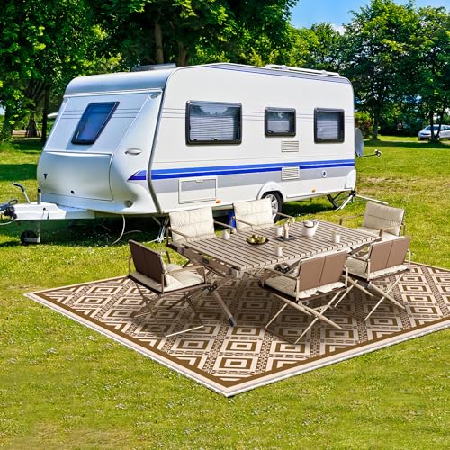 Pafolo Outdoor Rug Waterproof, 8'x10' Reversible Patio Rug with Lights, 4 Rug Stakes, Non Shedding, Easy Cleaning, Foldable Outside Mat for RV, Camping, Porch, Deck, Beach, Patio, Picnic, Brown&White