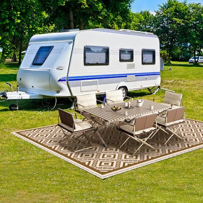 Pafolo Outdoor Rug Waterproof, 8'x10' Reversible Patio Rug with Lights, 4 Rug Stakes, Non Shedding, Easy Cleaning, Foldable Outside Mat for RV, Camping, Porch, Deck, Beach, Patio, Picnic, Brown&White