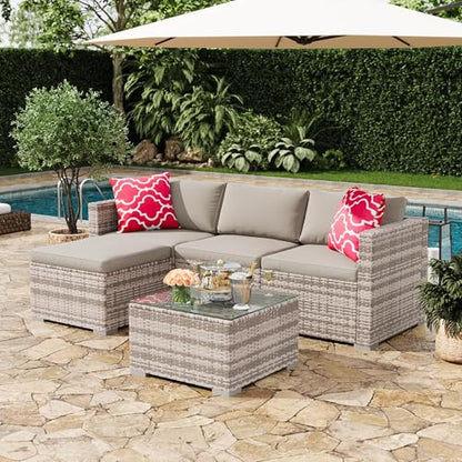 GAOMON 5-Piece All-Weather Patio Furniture Set, Convertible Outdoor Sectional Sofa with Ottoman & Tempered Glass Table, PE Rattan Conversation Set for Garden, Backyard, Porch, Poolside