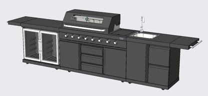 3 Piece Island Modular BBQ Outdoor Grill Black Stainless Steel with Double Refrigerator, Sink, Rotisserie, and Cover, Propane or Natural Gas