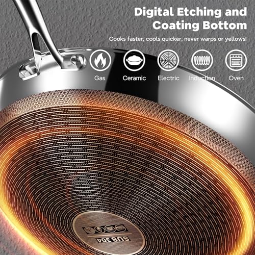 Wok Pan, 13-Inch Stainless Steel Woks & Stir-Fry Pans Nonstick, Wok Pan with Lid for Induction, Hybrid，Electric, Gas, Halogen, All Stoves, Professional PFOA Free Cookware, Dishwasher & Fast Heat