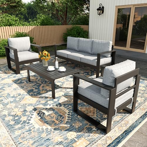 KHOLH 4 Piece Modern Aluminum Patio Furniture Set, Outdoor Patio Sectional Conversation Metal Seating Sets with Olefin Cushion and Coffee Table