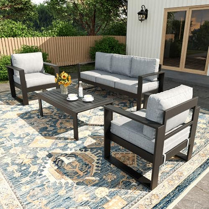 KHOLH 4 Piece Modern Aluminum Patio Furniture Set, Outdoor Patio Sectional Conversation Metal Seating Sets with Olefin Cushion and Coffee Table