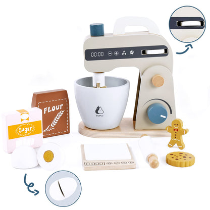 PairPear Play Food Stand Mixer, Wooden Toys Bake Cookies Playset, Multi-Function Play Kitchen Accessories for Kids Ages 3+