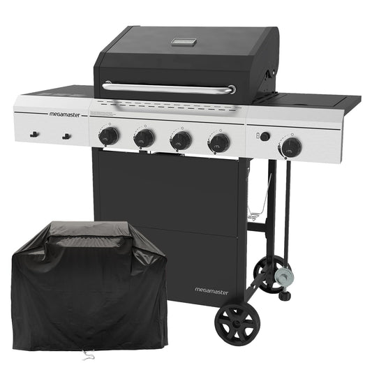 Megamaster 4-Burner Gas Grill with Side Burner & Grill Cover, 52,000 BTUs, 568 SQ. In. Cooking Area, Propane BBQ Grill with Stainless Steel Panel for Outdoor Cooking, Patios, and More - 720-0804HK