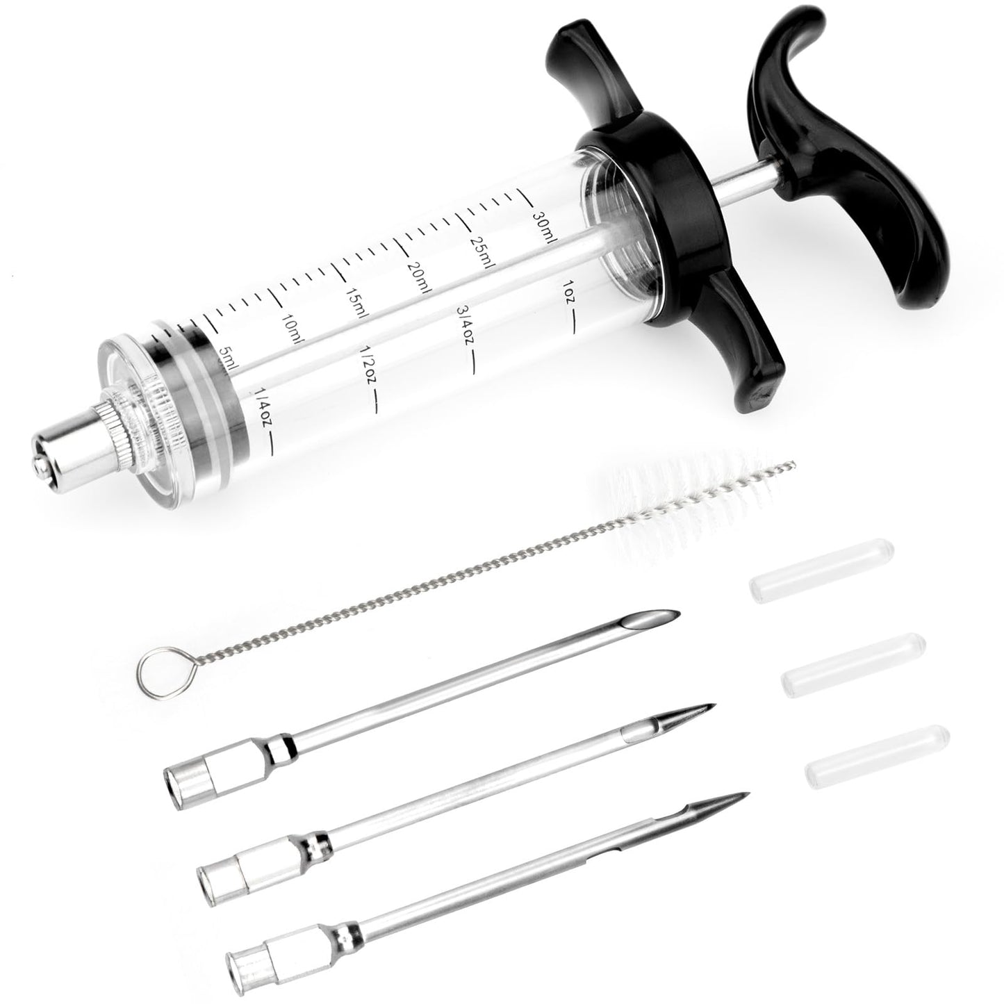Turkey Meat Injector Syringe Kit with 3 Marinade Needles for BBQ Grill Smoker, 1 Cleaning Brush, 1 Oz/30 ml Large Capacity Injector Marinades for Meats Black