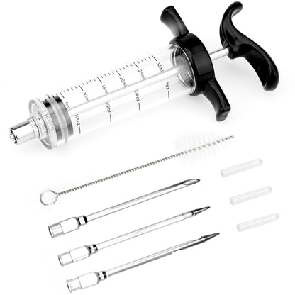 Turkey Meat Injector Syringe Kit with 3 Marinade Needles for BBQ Grill Smoker, 1 Cleaning Brush, 1 Oz/30 ml Large Capacity Injector Marinades for Meats Black