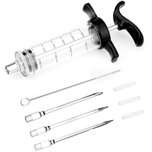 Turkey Meat Injector Syringe Kit with 3 Marinade Needles for BBQ Grill Smoker, 1 Cleaning Brush, 1 Oz/30 ml Large Capacity Injector Marinades for Meats Black