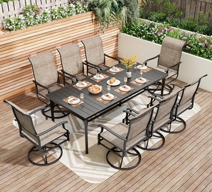 PHI VILLA 9 PCS Patio Dining Set for 8 Person, Padded High Back Outdoor Swivel Chairs and Large Metal Table, Patio Table and Chairs Set for Outdoor Deck Lawn Garden