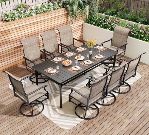 PHI VILLA 9 PCS Patio Dining Set for 8 Person, Padded High Back Outdoor Swivel Chairs and Large Metal Table, Patio Table and Chairs Set for Outdoor Deck Lawn Garden