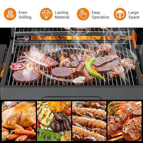HAPPYGRILL Charcoal Grill, Heavy Duty Cooking Grill with 2 Foldable Side Tables, 8 Hooks, Storage Shelf, 2 Wheels, Flame Control, Outdoor BBQ Grill for Picnic Party Camping Backyard Patio