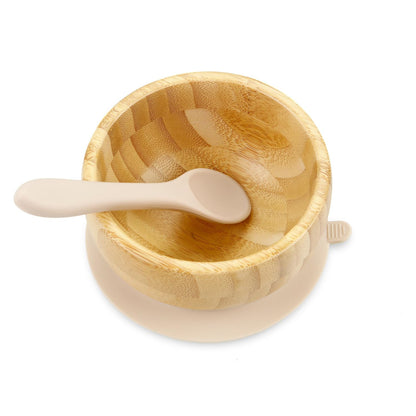 PandaEar Baby Bamboo Suction Bowl with Silicone Spoons, Wooden Baby Bowls for Toddlers & Kids, Divided Non-Slip Wooden Bowl Feeding Supplies