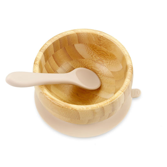 PandaEar Baby Bamboo Suction Bowl with Silicone Spoons, Wooden Baby Bowls for Toddlers & Kids, Divided Non-Slip Wooden Bowl Feeding Supplies