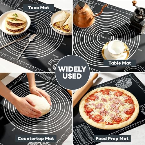 Nauvora Extra Large Baking Mat - 28" Silicone Pastry Mat, Reusable Non-Stick Dough Mat with Measurement for Fondant, Rolling Dough, Pie Crust, Pizza and Cookies, Black