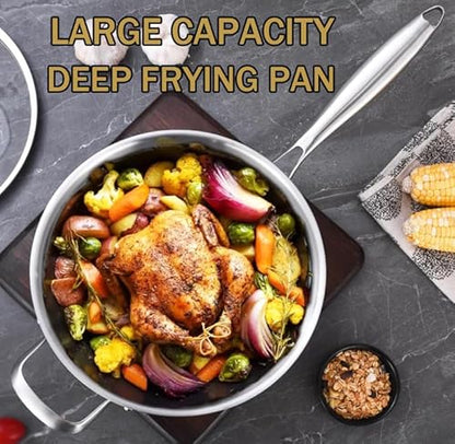 Toutrop Tri-Ply Stainless Steel 8 Quarts Sauté Pan with Lid,13 Inch Induction Deep Frying Pan,Large Skillet, Dishwasher And Oven Safe,Detachable Handle