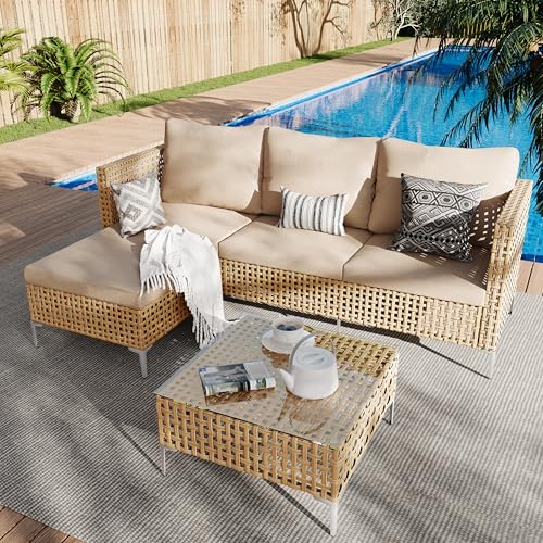 Ophelian Small L-Shaped Patio Furniture Set - Weather Resistant Wicker Sectional Chaise Sofa with Thick Cushions & Tempered Glass Coffee Table for Small Spaces, Balcony, Apartment
