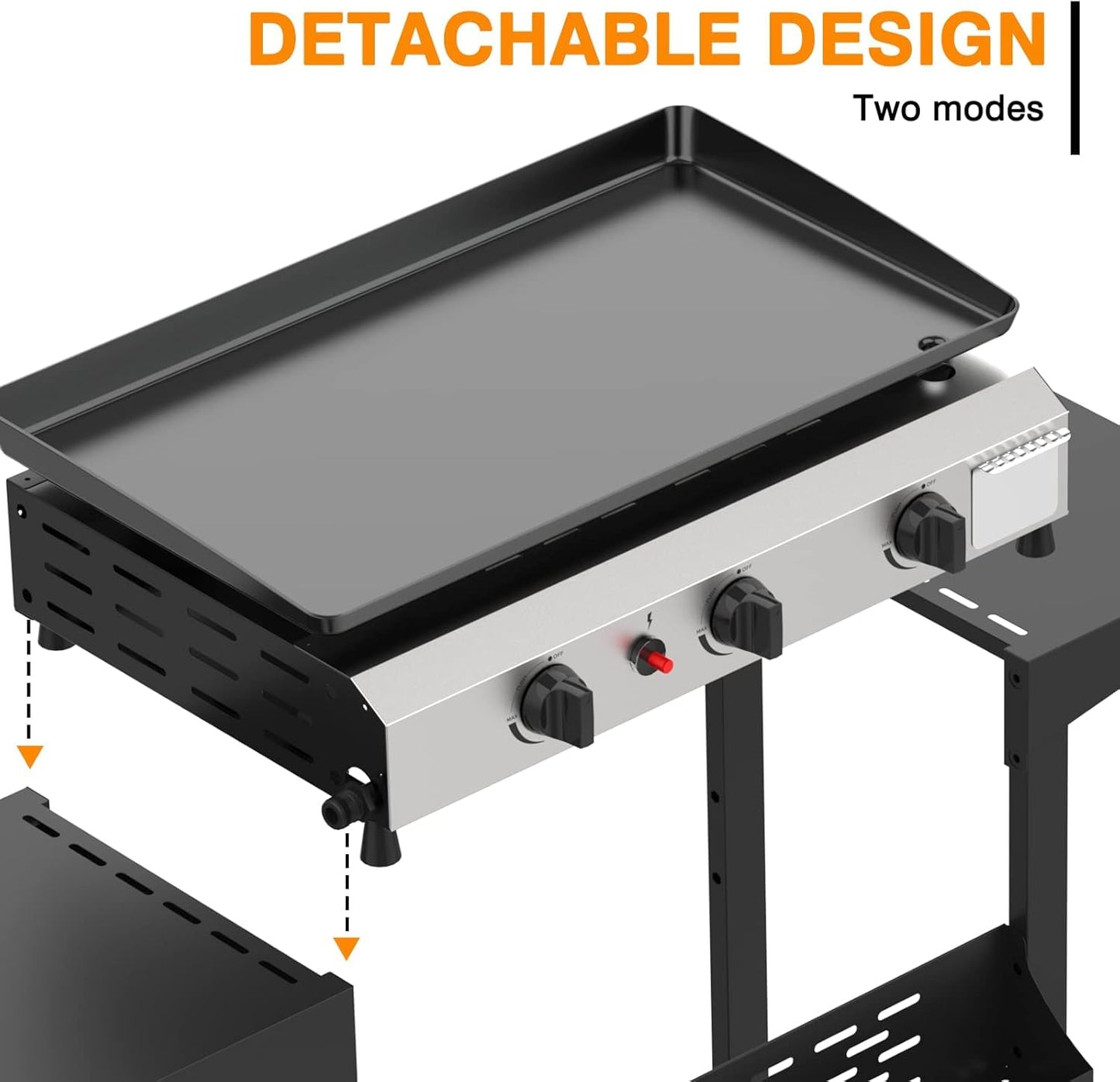 ADREAK 3 Burner BBQ Gas Griddle, 25.6 Inch Stainless Steel Portable Detachable Propane Griddle, 30,000 BTU Flat Top Barbecue Grill with Side Shelves for Camping