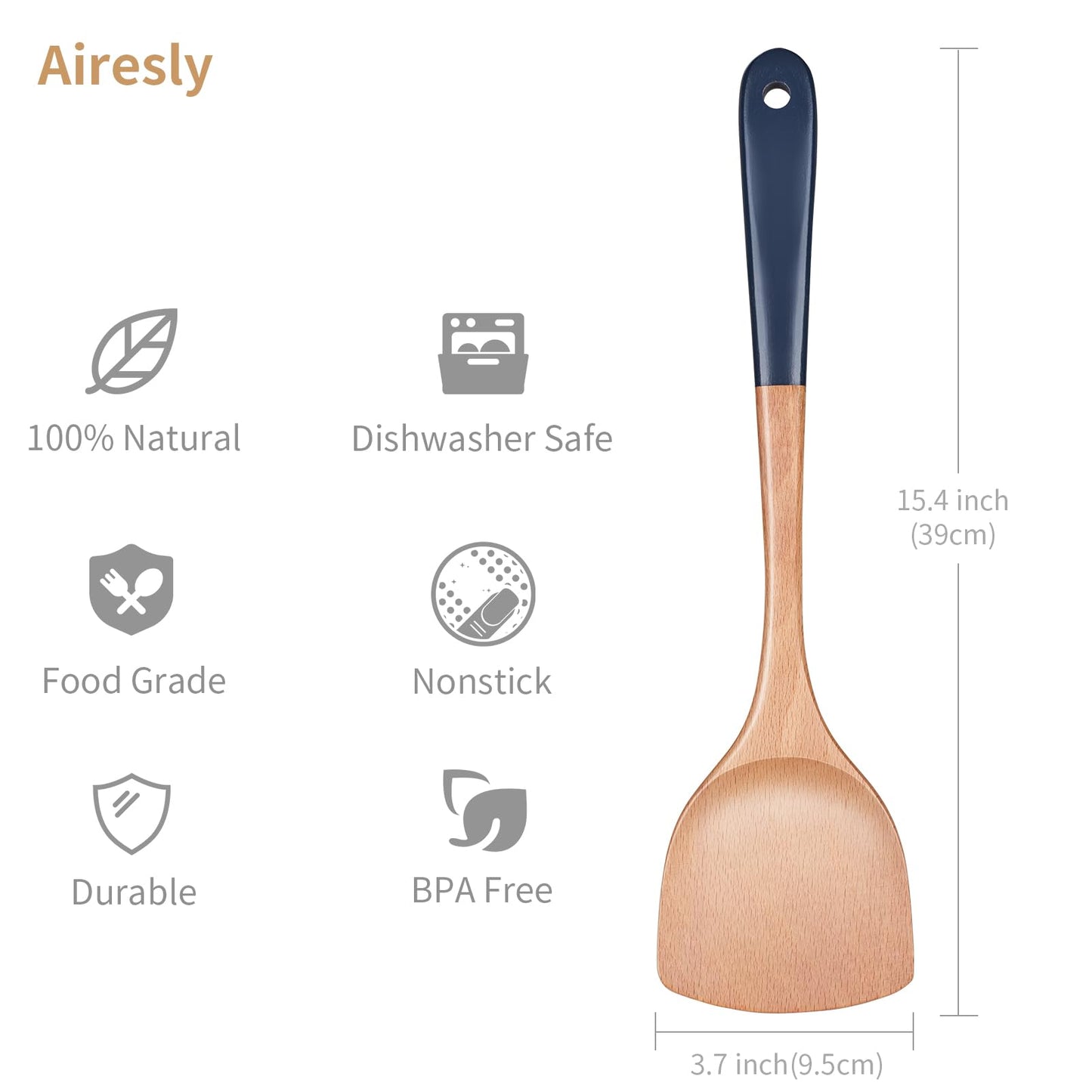 Airesly Wooden Spatula,Premium Beech Wood Spatula with Long Handle, Non-Stick Flat Frying & Wok Turner for Kitchen Cookware - Handmade Kitchen Essentials for Cooking