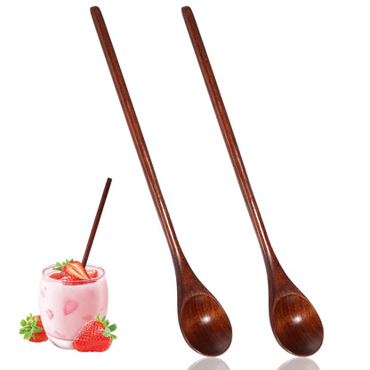 2 PCS Long Handle Mixing Wooden Spoon, Wooden Spoons for Eating 7.8 Inch Honey Spoons Matcha Spoon for Stirring Brown Cocktail Stirrer Swizzle Mixing Teaspoon for Home Kitchen Bar Restaurant